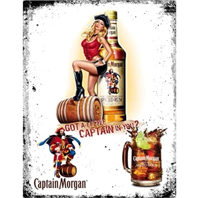 Image of Vintage Retro Man Cave Bar Pub Shed Novelty Gift Aluminium Metal Tin Wall Décor Sign Captain Morgan Spiced Rum Alcohol inspired Drink Pin Up Sexy