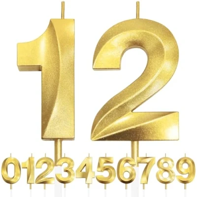 Image of 12th Birthday Candle, 3D Design Gold Glitter Number Candles, Cake Topper Decorations, Candle for Party, Wedding Anniversary, Baby Shower, Party Decoration