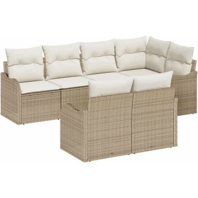 Image of vidaXL 7 Piece Garden Sofa Set with Cushions, Beige Poly Rattan