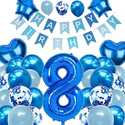 Image of 8th Birthday Decorations for Boys Blue Age 8 Balloons with Happy Banner Party Decoration Eighth Supplies Boy (8th birthday)