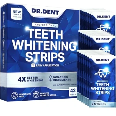 Image of DRDENT Professional Teeth Whitening Strips 21 Treatments Safe for Enamel Non Sensitive Without Any Harm Pack of 42 + Mouth Opener Included