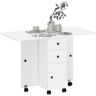 Image of HOMCOM Folding Dining Table for 4 6, Rolling Drop Leaf with Storage Drawers, Cabinet and Open Shelf, Extendable Kitchen on Wheels, White