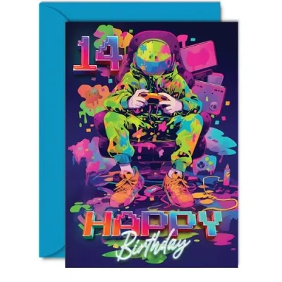 Image of 14th Birthday Cards for Girls Boys Video Gamer Game Happy 14 Card Son Daughter Nephew Niece Grandson, 5x7 Inch Fourteen Fourteenth Bday Greeting