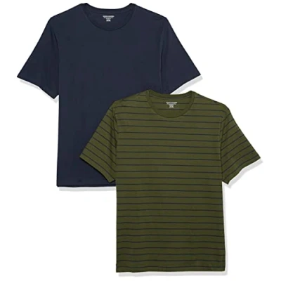 Image of Amazon Essentials Men&#039;s T Shirt Slim Fit Short Sleeve Crewneck, Pack of 2, Navy/Olive Stripes, XXL