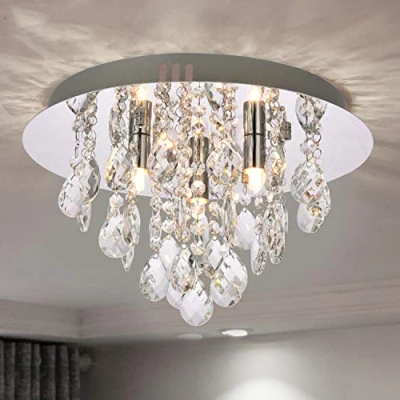 Image of A1A9 Modern Flush Mount Crystal Chandelier, K9 Droplet Round Chrome Ceiling Lights, Elegant LED Pendant Lamp Fixture for Living Room, Dining Bedroom, Lounge D35cm (3 Lights)