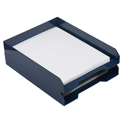 Image of JAM Paper Stackable Trays Navy Blue Desktop Document, Letter, &amp; File Organizer Tray 2/pack