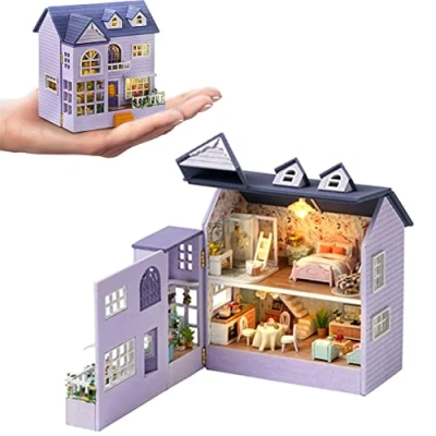 Image of Dollhouse DIY Miniature Wooden Furniture Kit,Mini Handmade Doll House with LED,1:24 Scale Creative Woodcrafts Toys for Adult Friend Lover Birthday Gift (Happy House)