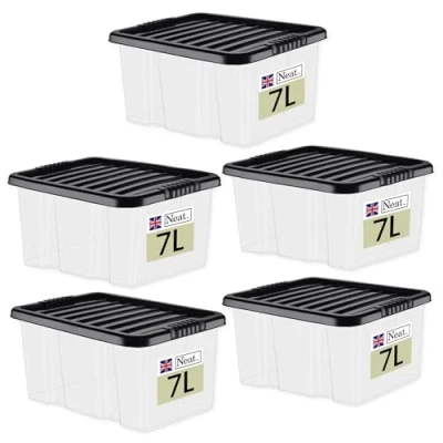 Image of Neat. Plastics 7L Heavy Duty Storage Box, Clear Base, Black Lid Organise Easily with Plastic Box Lid, Ideal Boxes for Storage, Durable Lids Pack of 5