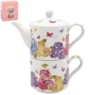 Image of LESSER &amp; PAVEY Ceramic Tea for One Single Serve Set Butterfly Blossom Floral Pink Design