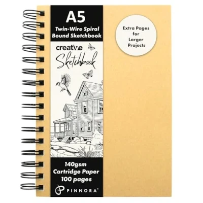 Image of Pinnora Creative A5 Sketchbook, Wire Spiral Bound Sketch Book with 100 Pages of Mixed Media Paper 140gsm, Sketchbook A4, Kraft Drawing Pad Cover, and for All Artists