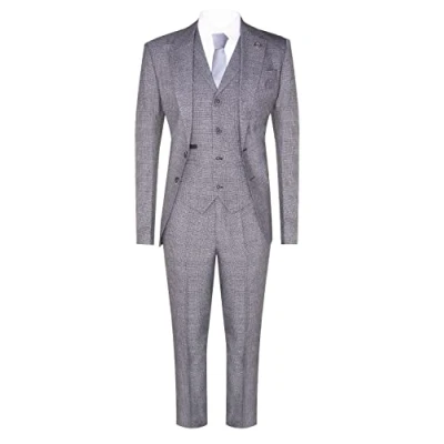 Image of TruClothing Mens Grey 3 Piece Suit Prince of Wales Check Classic Tailored Fit Wedding Canvas Size 40 (Chest)