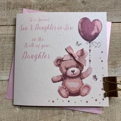 Image of WHITE COTTON CARDS SON &amp; DAUGHTER IN LAW NEW PINK TEDDY BEAR BABY CARD, HAND FINISHED (B249 S)