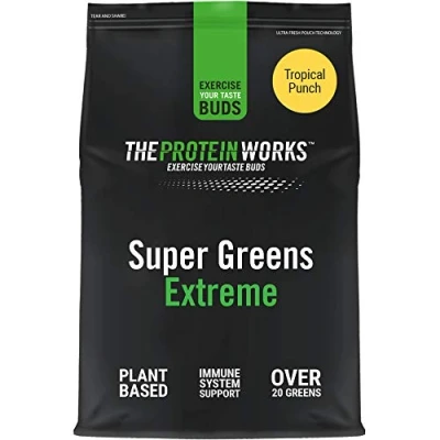 Image of Protein Works Super Greens Extreme , 150+ Health Benefits 41 Active Ingredients Vegan &amp; Gluten Free No Added Sugar Servings Tropical Punch 500g