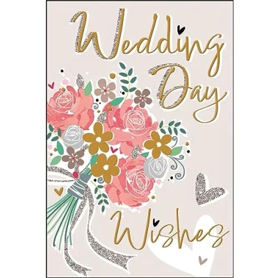 Image of Jonny Javelin Wedding Congratulations Card Floral Bouquet and Hearts with Flittered Foil Finish
