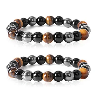 Image of Beads Bracelet Triple Protection, 8 Mm Tigers Eye Hematite &amp; Black Obsidian Balance Gemstones For Protection Bring Luck And Prosperity Unisex 16cm To 18cm （2 Pack）