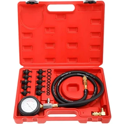 Image of FreeTec Oil Pressure Gauge Kit, 0 140 PSI Test Car Engine Tester Diagnostic Tool Set with Hose Adapters for VW BMW Opel Ford Fiat (Red)