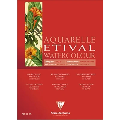 Image of Clairefontaine Ref 96397C Etival Classic Grained Glued Watercolour Painting &amp; Drawing Pad (10 Sheets of Paper) 30 x 40cm 300gsm Cellulose Art Paper
