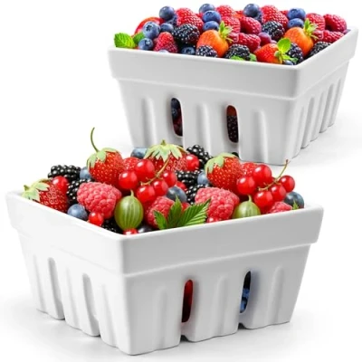 Image of MIAMIO Ceramic Berry Basket Set of 2 / Cute Kitchen Fruit Bowl with Draining Holes/Strawberry Storage Container