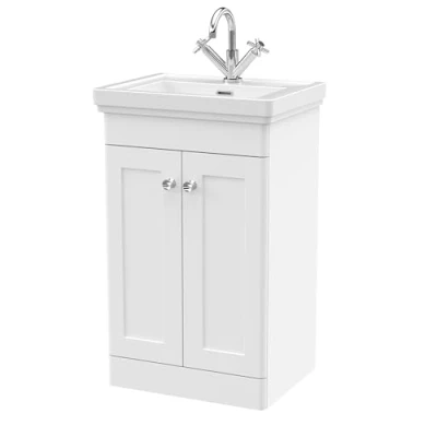 Image of Balterley Traditional Floor Standing 2 Door Vanity Unit with 1 Tap Hole Fireclay Basin, 500mm Satin White
