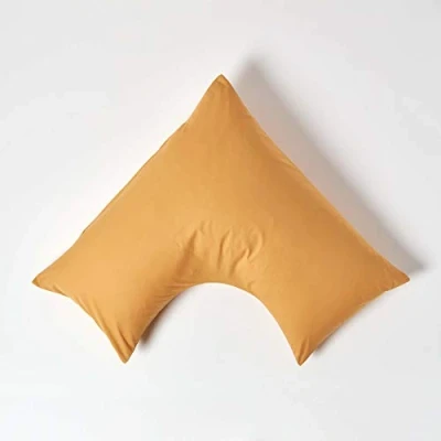 Image of HOMESCAPES Mustard Yellow Pure Egyptian Cotton V Shape Pillowcase 200 TC 400 Thread Count Percale Equivalent Pillow Case For Nursing Pregnancy and Elderly