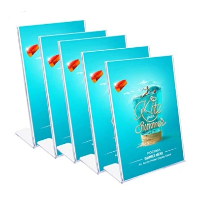 Image of POERMA A4 Acrylic Sign Holder, 5 pcs L Shaped Display Stand Clear Menu Holders, Leaflet Table for Advertising Promotions, Restaurants, Hotel, Exhibition