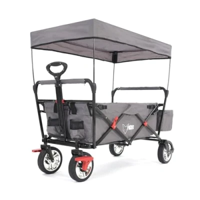 Image of FUXTEC folding/foldable wagon hand cart garden trolley carriage of children outdoor asphalt hiking trail hard ground removable canopy rear bag 4 wheels cover CT 500 Grey