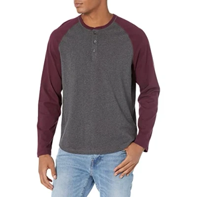 Image of Amazon Essentials Men&#039;s Regular Fit Long Sleeved Henley Shirt (Available in Big &amp; Tall), Charcoal Heather/Maroon, XXL