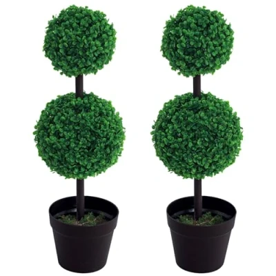 Image of Outsunny Set of 2 Artificial Boxwood Ball Topiary Trees Potted Decorative Plant Outdoor and Indoor Décor (67cm)