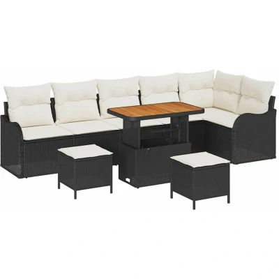 Image of vidaXL 9 Piece Garden Sofa Set with Cushions Black Poly Rattan Acacia