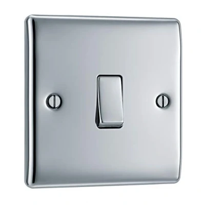 Image of BG Electrical Single Wall Light Switch, 2 Way, Raised and Slim Profile, Round Edges, Nexus Metal, Polished Chrome, 20A, 16AX, NPC12