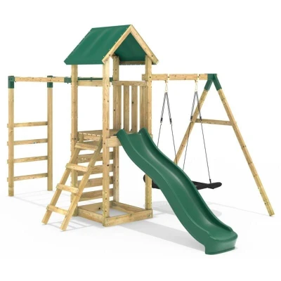 Image of Rebo® Children&#039;s Adventure Playset Wooden Climbing Frame with Monkey Bar, Swings and Slide Cook OutdoorToys Sturdy Construction, Pressure Treated Timber