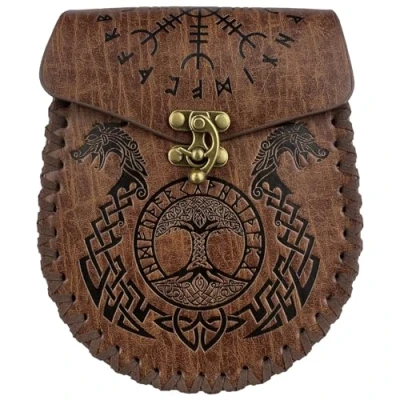 Image of HiiFeuer Nordic Embossed Belt Bag, Retro Medieval Faux Leather Side Pack, Vintage Portable Pouch for LARP Ren Faire (Dragon)