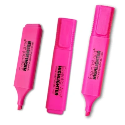 Image of Essential Arts Square Pink Highlighter Pen Pack of 3 Chisel Tip Fluorescent Highlight Marker Pens for Office, School Art and Business
