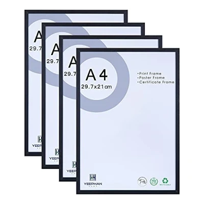 Image of A4 Picture Photo Frame,21x30cm Certificate Frames Made of Solid Wood with plexi glass front for Wall Hanging and Tabletop display, Black, pack 4