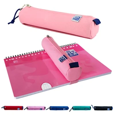 Image of Oxford Pencil Case for Girls and Boys, Pink with Elastic Band, Round Case, 22 cm