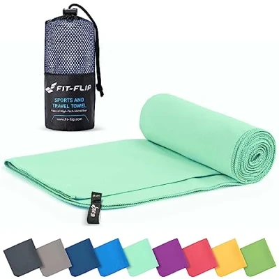 Image of Fit Flip Microfibre towel compact, ultra lightweight &amp; quick dry the perfect gym, travel beach swimming for sports, camping hiking (60x120cm mint + bag)