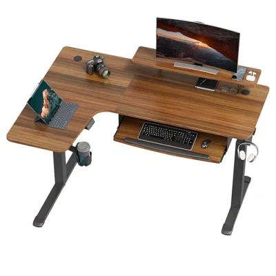 Image of EUREKA ERGONOMIC L Shaped Standing Desk with Keyboard Tray, 155x110cm Electric Height Adjustable Computer Monitor Stand &amp; LED Strips, Dual Motor Sit Up Corner Gaming (left)