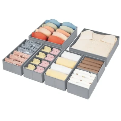 Image of DIMJ 7 Pack Dresser Drawer Organisers Foldable Box Fabric Wardrobe Dividers Storage Cubes For Bras,Socks,Underwear,Ties,Scarves,Cosmetics(Grey)