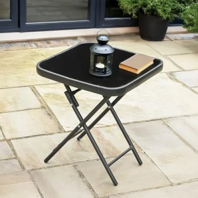 Image of Garden Mile Foldable Glass Top Bistro Table Small, Functional, and Stylish Occasional for Patio, Garden, or Indoors Conveniently Easy Storage