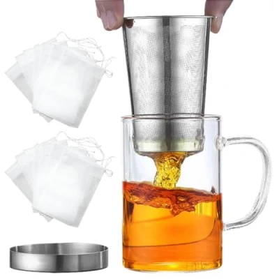 Image of ADERTOS Tea Cup with Infuser and Lid, Mug Glass Steeping Large Strainer 100 PCS Drawstring Bags for Brewing Loose Leaf in Home or Office, 450ml/15.3oz