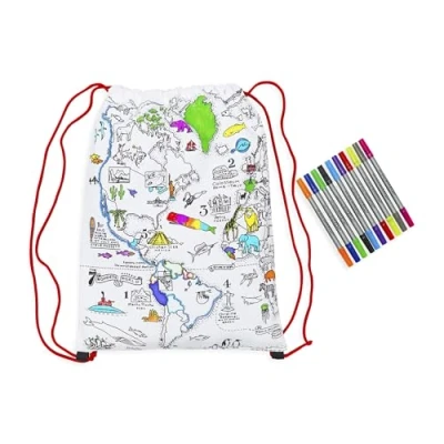 Image of eatsleepdoodle World Map Drawstring Backpack Colour Your Own educational fun geography learning Colouring with Wash out felt tip fabric pens