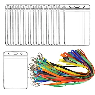 Image of BUYGOO 24Pcs Name Badge Card Holders with Neck Lanyards for Staffs Students Teachers, Waterproof Clear ID Tags and Neckstrap Vertical Holder Office Exhibition Conference