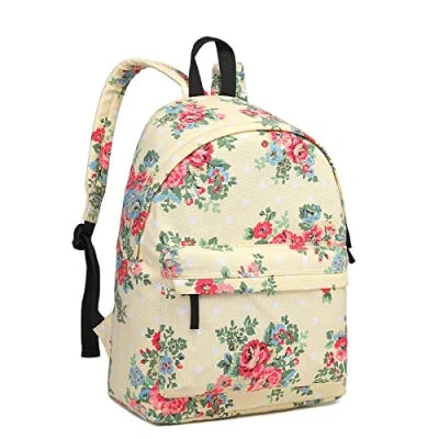 Image of Kono Women Casual Daypack Backpack for Teenagers Students Girls Rucksack All Over Flowers Polka Dots Printed Canvas School Bag Bookbag with Front Pocket