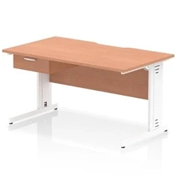 Image of Impulse 1400 x 800mm Scalloped Edge Office Desk Beech Top White Cable Managed Leg Workstation 1 Drawer Fixed Pedestal