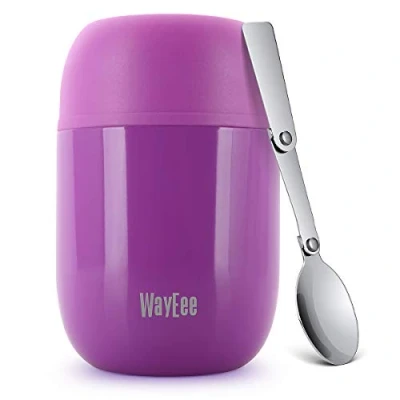 Image of WayEee Food Flask, Stainless Steel King Jar with Folding Spoon 450ml (Dark Blue)