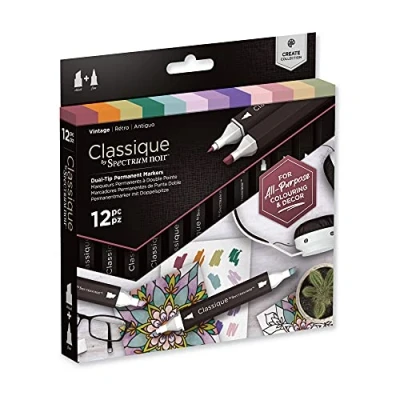 Image of Crafter&#039;s Companion Spectrum Noir Classique Blend Twin Tip Blendable Alcohol Based Marker Set with Japanese Nibs Pack of 12 Perfect for Colouring, Drawing &amp; Illustration (Vintage Pack)