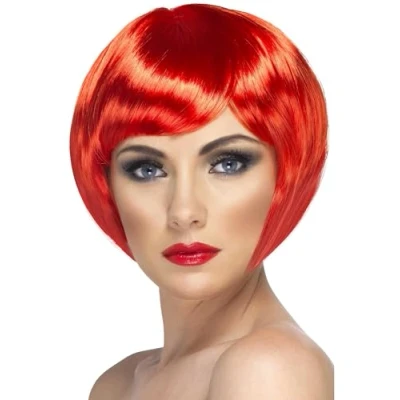 Image of Smiffys Babe Wig, Red Short Bob with Fringe, Ladies Glamour Wigs Fancy Dress, Adult Dress Up