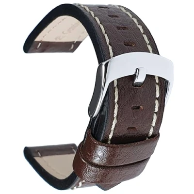 Image of Talk Time Thick Leather Watch Strap Buffalo Grain Genuine Padded Calf Brown 20mm