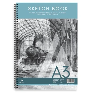 Image of Portrait A3 Sketch Pad 170gsm White Cartridge Paper 30 Pages (15 Sheets) Wiro Bound Acid Free Artist Quality Ideal for Sketching Drawing and Painting