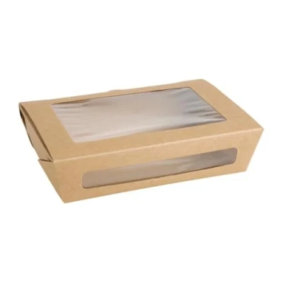 Image of Fiesta Green Takeaway Salad Box with PET Window 1200 ml (Pack of 150), Brown, Size: 50(H) x139(W) x200(D) mm, Microwavable, PE Lined Prevents Leaking, FN898